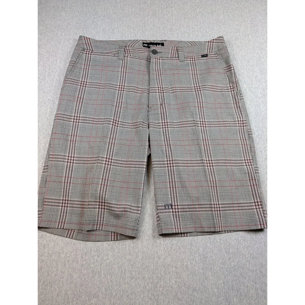 TravisMathew Mens Glen Plaid Golf Shorts Grey Red Size 34 Stretch Performance